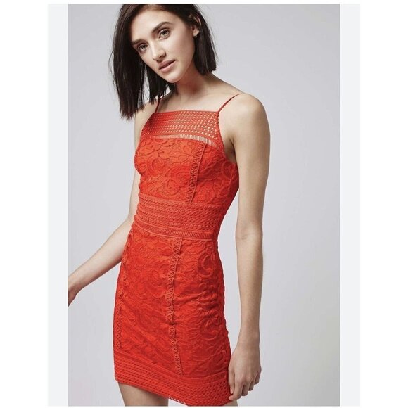 NEW TOPSHOP WOMENS RED SLEEVELESS CROCHET LACE TRIM MINI DRESS Y2K PARTY SIZE 2‎ - Picture 1 of 8